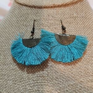 Teal Fringe Bronze Earrings. Nickle Free.